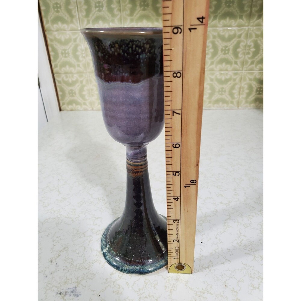 Handmade Stoneware Goblet Chalice Art Pottery Purple Drip Glaze 9" - Picture 7 of 9